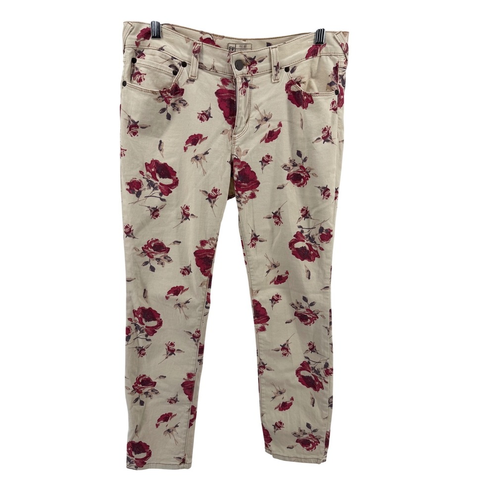 NEW Free People Skinny Jeans Floral Rose Print Cream Red Womens 31